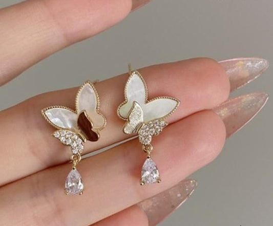 Double Butterfly Hanging Pearl Earings / Earrings Women's Earrings for Gift / for girls - Silver