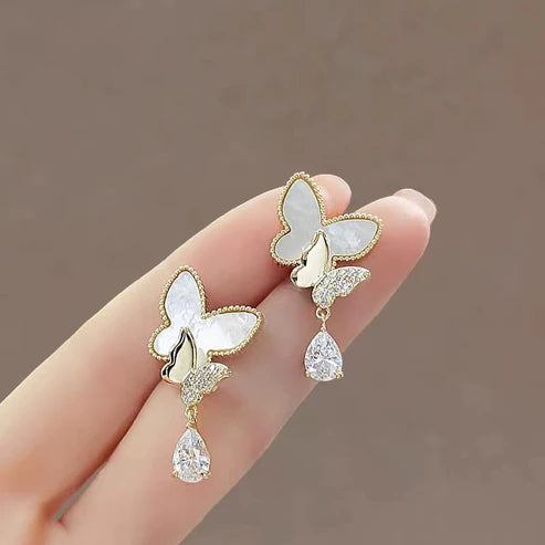 Double Butterfly Hanging Pearl Earings / Earrings Women's Earrings for Gift / for girls - Silver