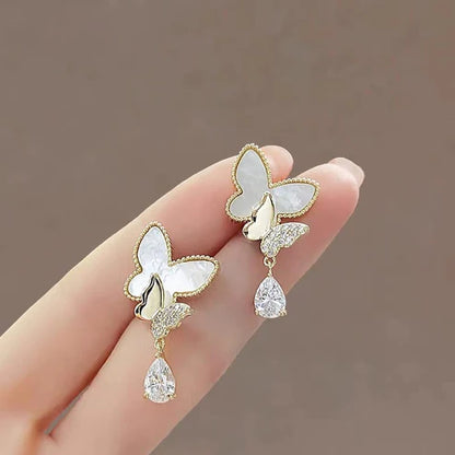 Double Butterfly Hanging Pearl Earings / Earrings Women's Earrings for Gift / for girls - Silver
