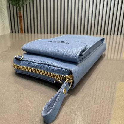 Portable Soft Leather Crossbody Bag for Women | Stylish Mobile Purse & Wallet | Light Blue