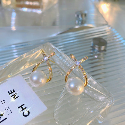 Elegant Golden Cross Pearl Zircon Earings Pearl Stud Earrings Women Personality Fashion Unique Design Earrings | Earrings for Women Fashion | Luxury Look Artificial Earrings | Women Earrings